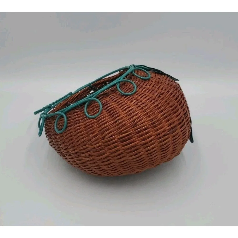 Decorative‎ Hanging Wicker Basket with Green Metal Wire Cottagecore